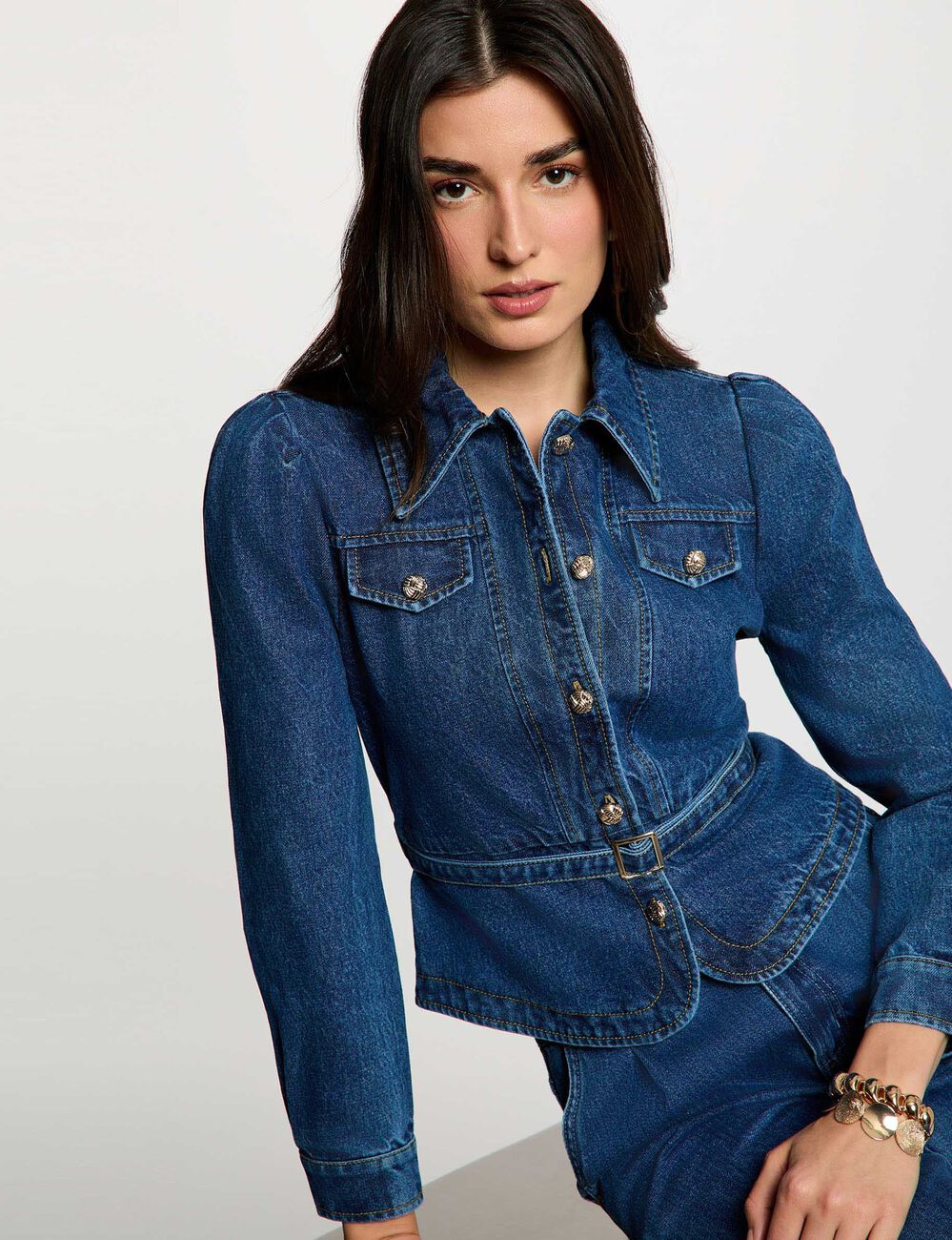 Veste jean ceintur&eacute;e denim stone femme