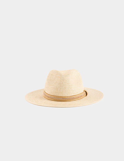 Chapeau tressé détails bijoux beige femme
