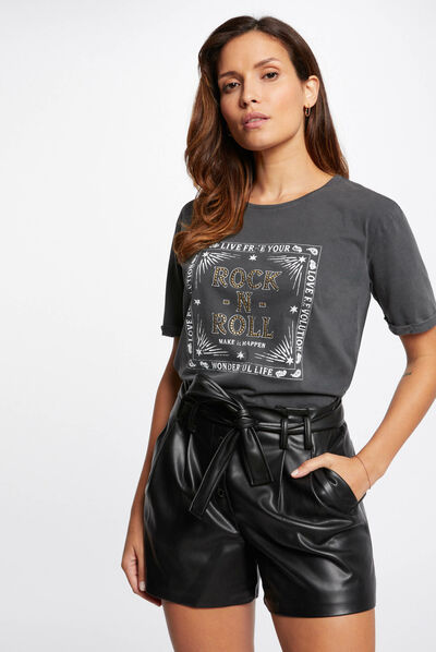 T-shirt met korte mouwen en inscriptie mediumgrijs vrouw