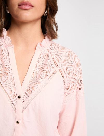 T-shirt dentelle col v rose clair femme