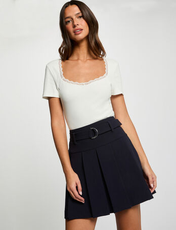 Jupe courte pliss&eacute;e bleu marine femme