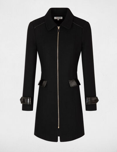 Manteau droit détails simili cuir noir femme