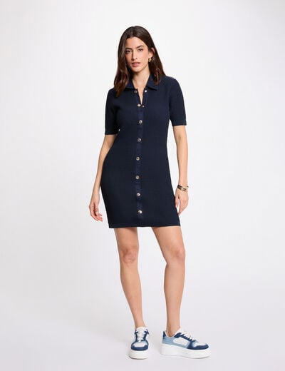 Robe tricot courte cintr&eacute;e bleu marine femme