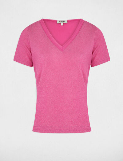 T-shirt met korte mouwen en V-hals roze vrouw