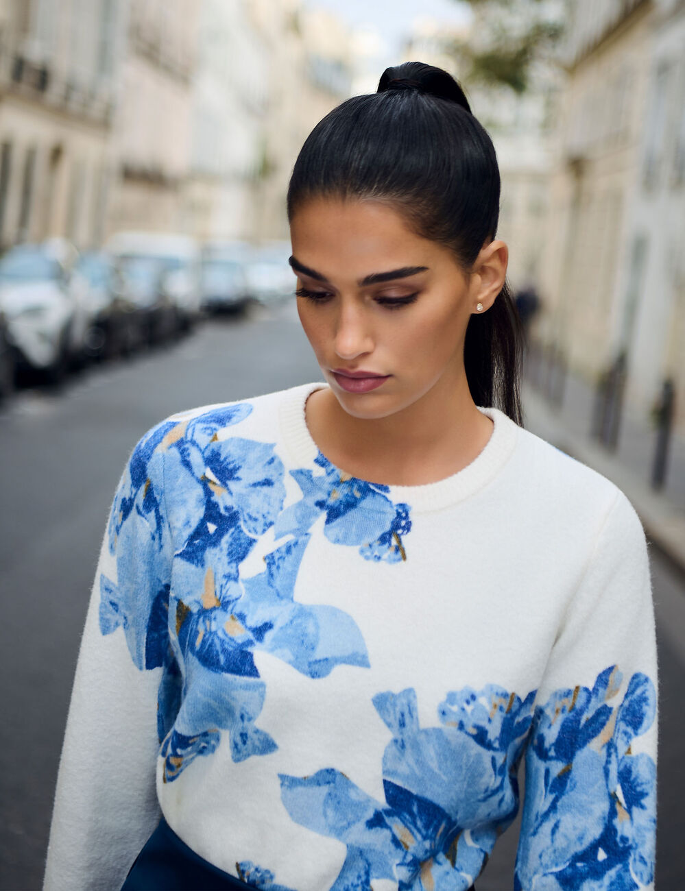 Pull imprim&eacute; floral bleu ciel femme