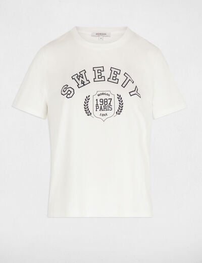 Kort bedrukt T-shirt helder wit vrouw