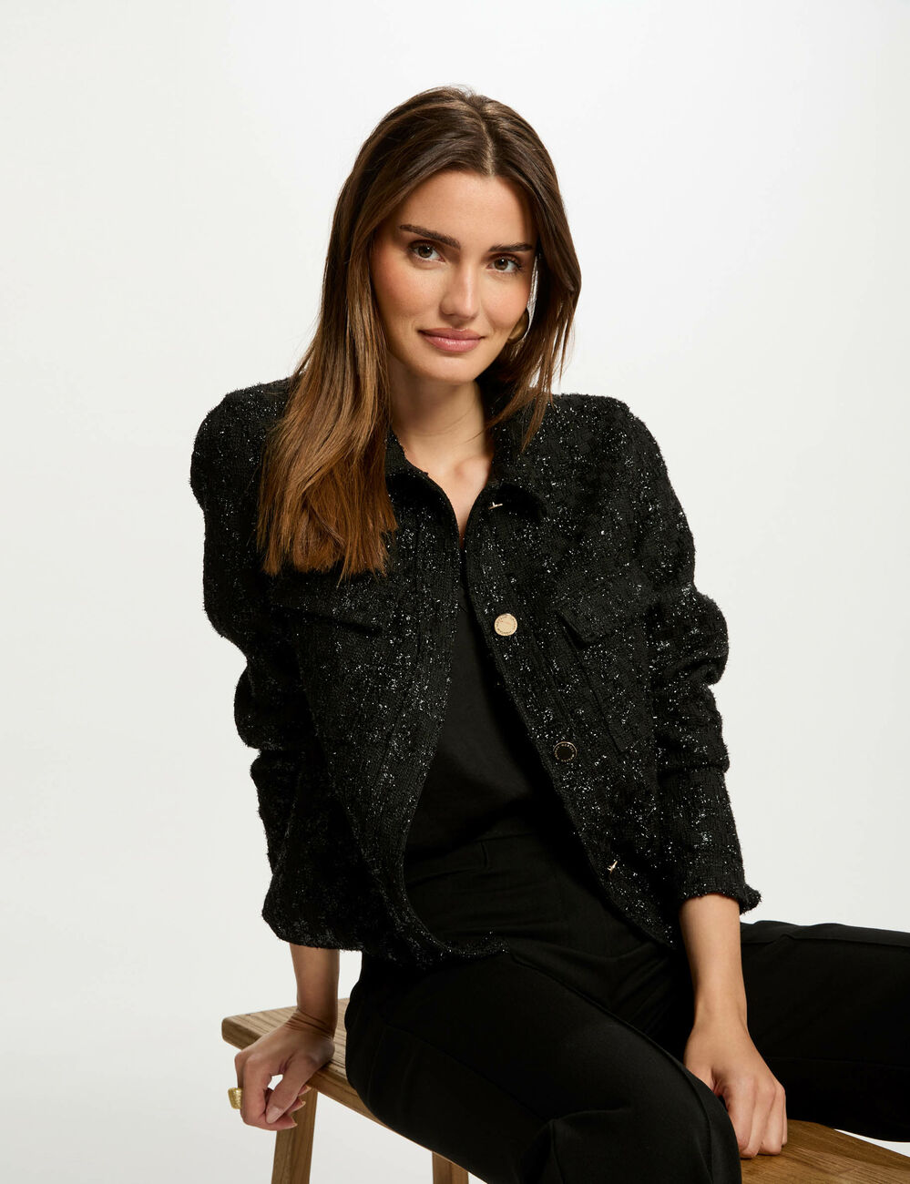 Tweed jasje met knopen zwart vrouw