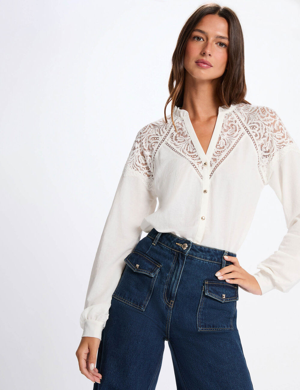 Kant T-shirt met V-hals helder wit vrouw