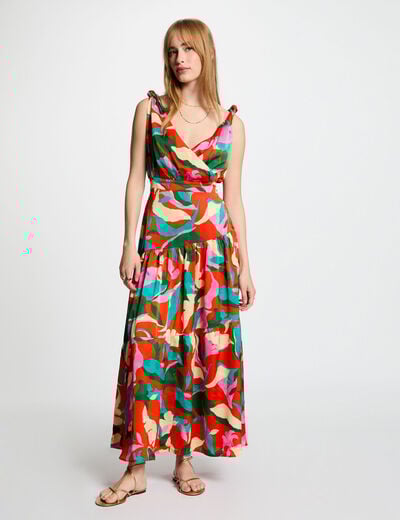 Robe longue droite imprimée multicolore femme