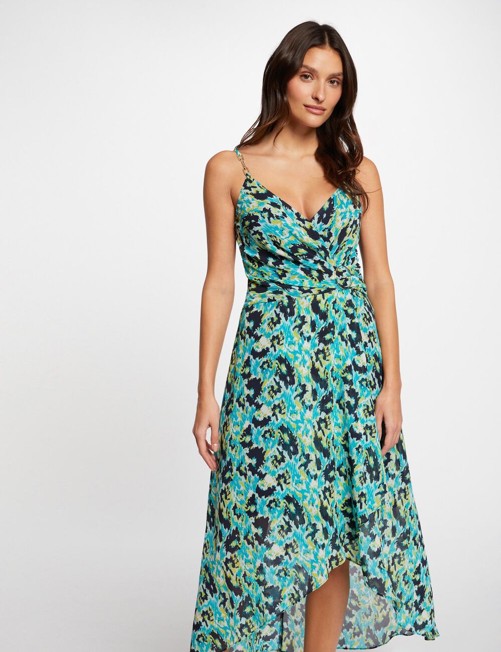 Robe longue cintrée imprimée vert femme