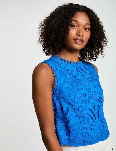 Mouwloze kanten top met print bleu electrique vrouw