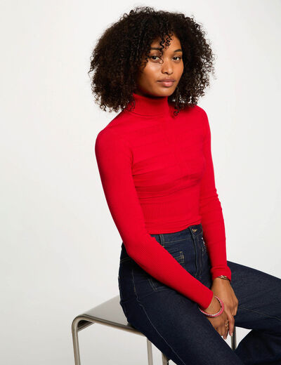 Pull col roulé ajusté rouge femme