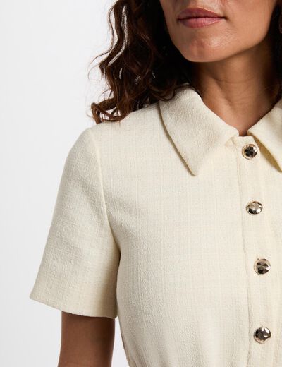 Uitlopende tweed jurk ecru vrouw