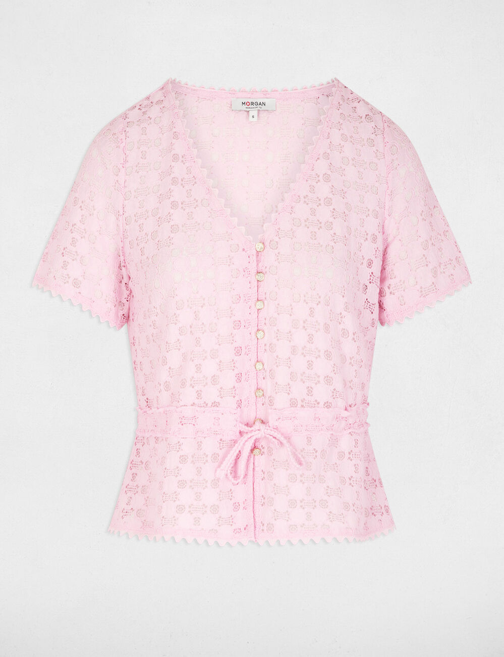 T-shirt korte mouwen van kant roze vrouw