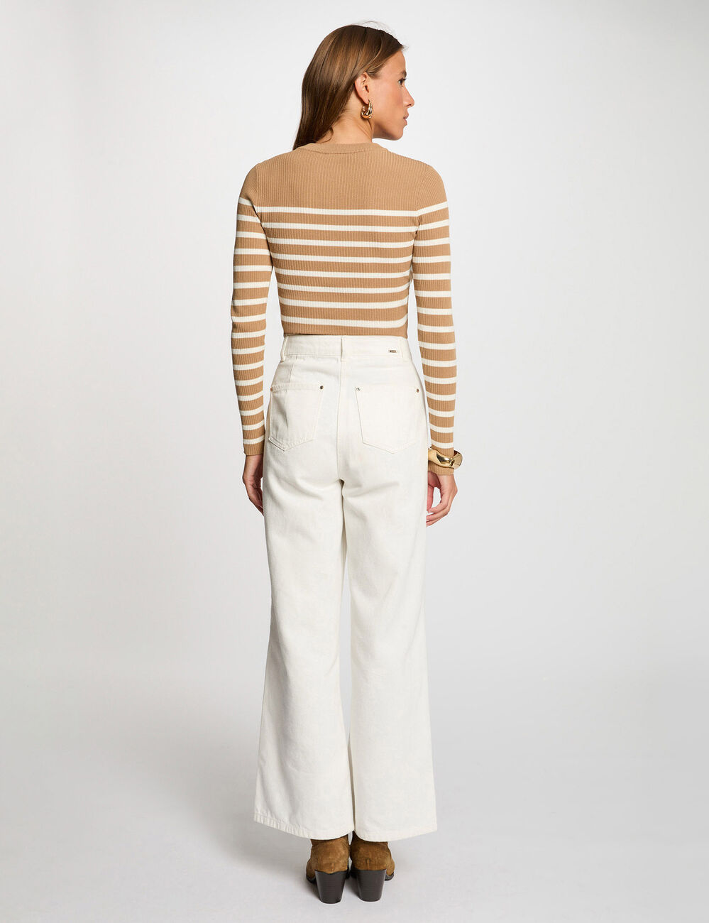 Pull manches longues à rayures camel femme