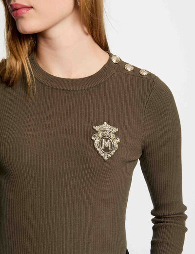 Pull col rond côtelé vert kaki femme
