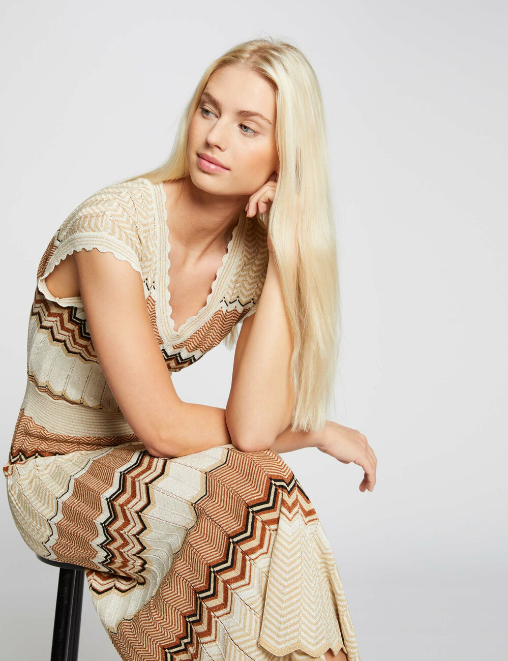 Robe pull longue droite &agrave; rayures marron cognac femme