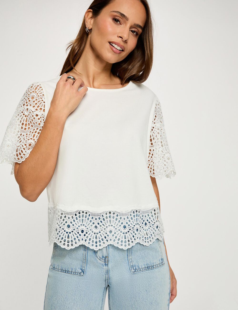 T-shirt dentelle col rond blanc femme
