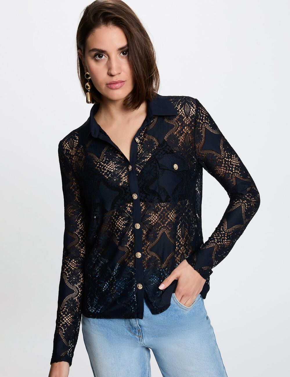 Kant blouse met reverskraag marineblauw vrouw