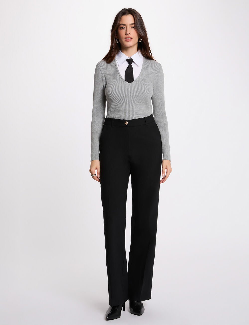 Pull 2-en-1 col à revers gris clair femme