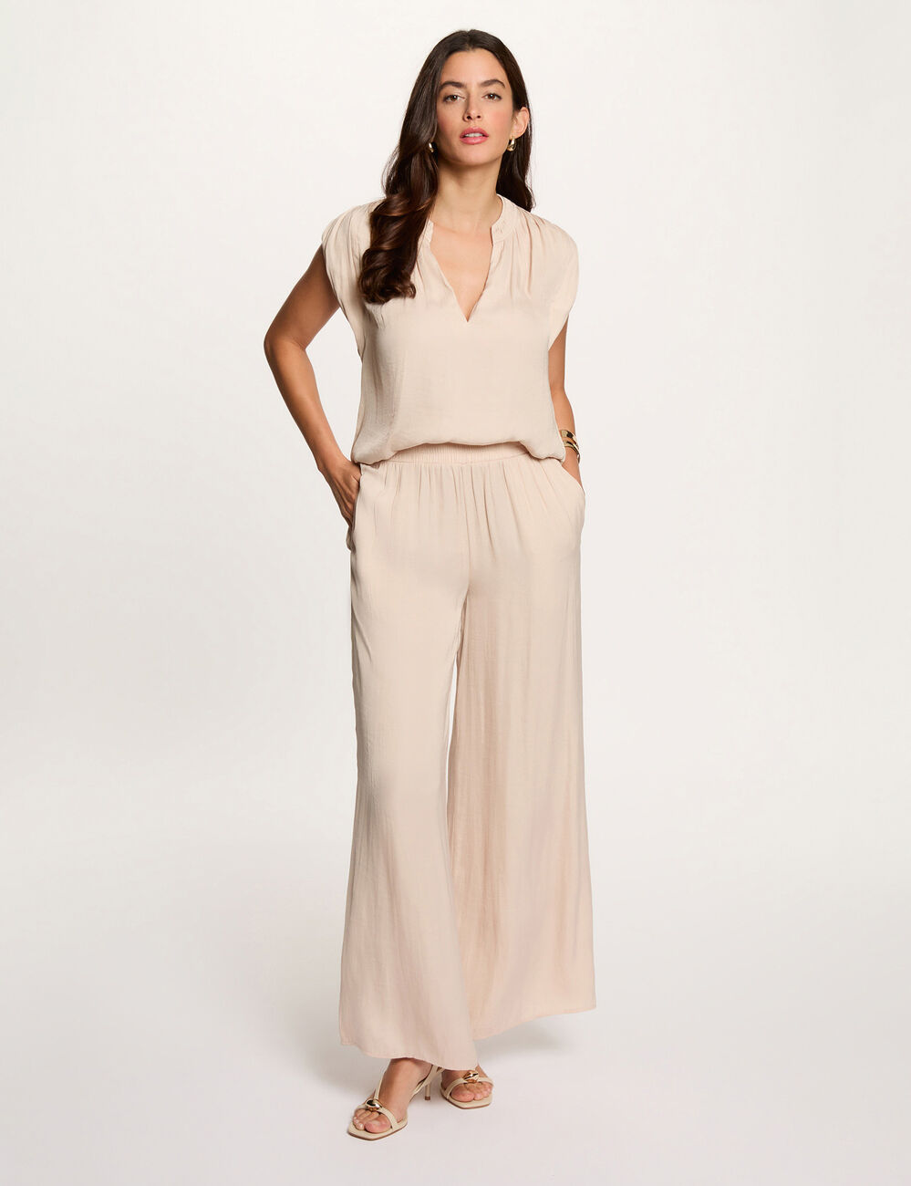 Blouse met korte mouwen licht beige vrouw