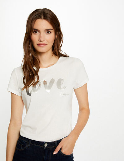 T-shirt met korte mouwen en letters ecru vrouw