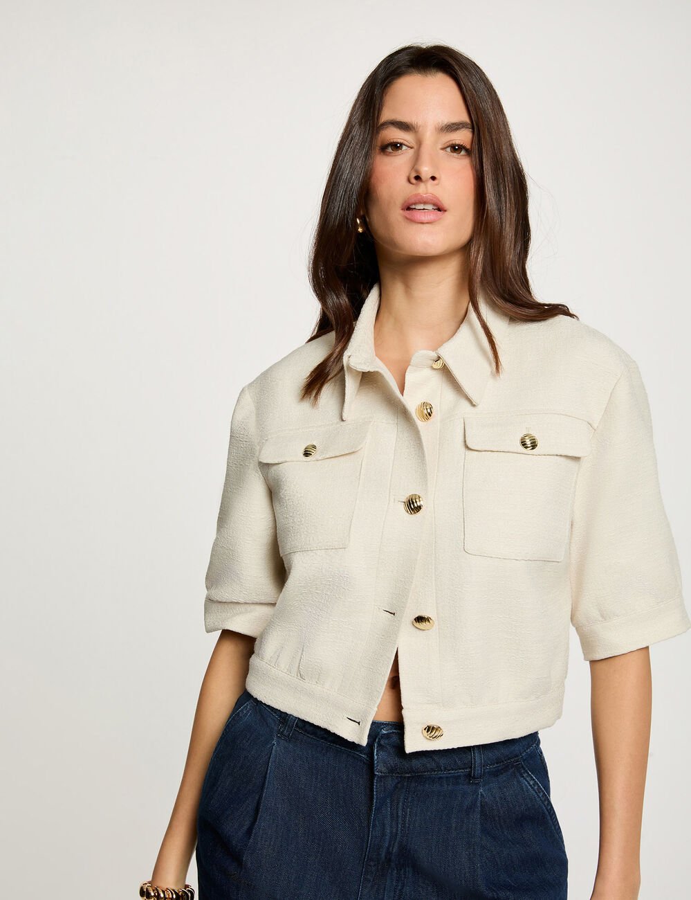 Veste tweed manches courtes sable femme