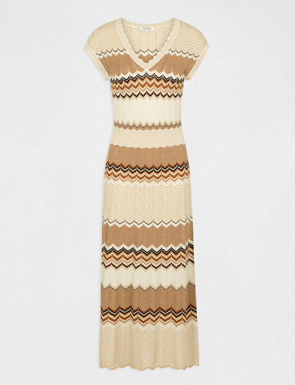 Robe pull longue droite &agrave; rayures marron cognac femme