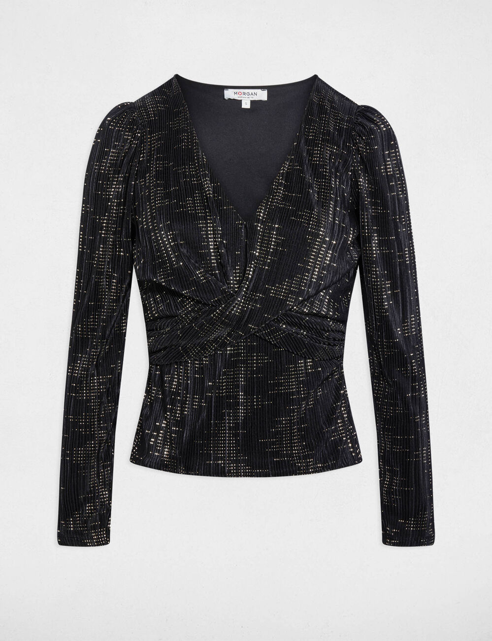 T-shirt plissé col v noir femme