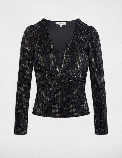 T-shirt plissé col v noir femme