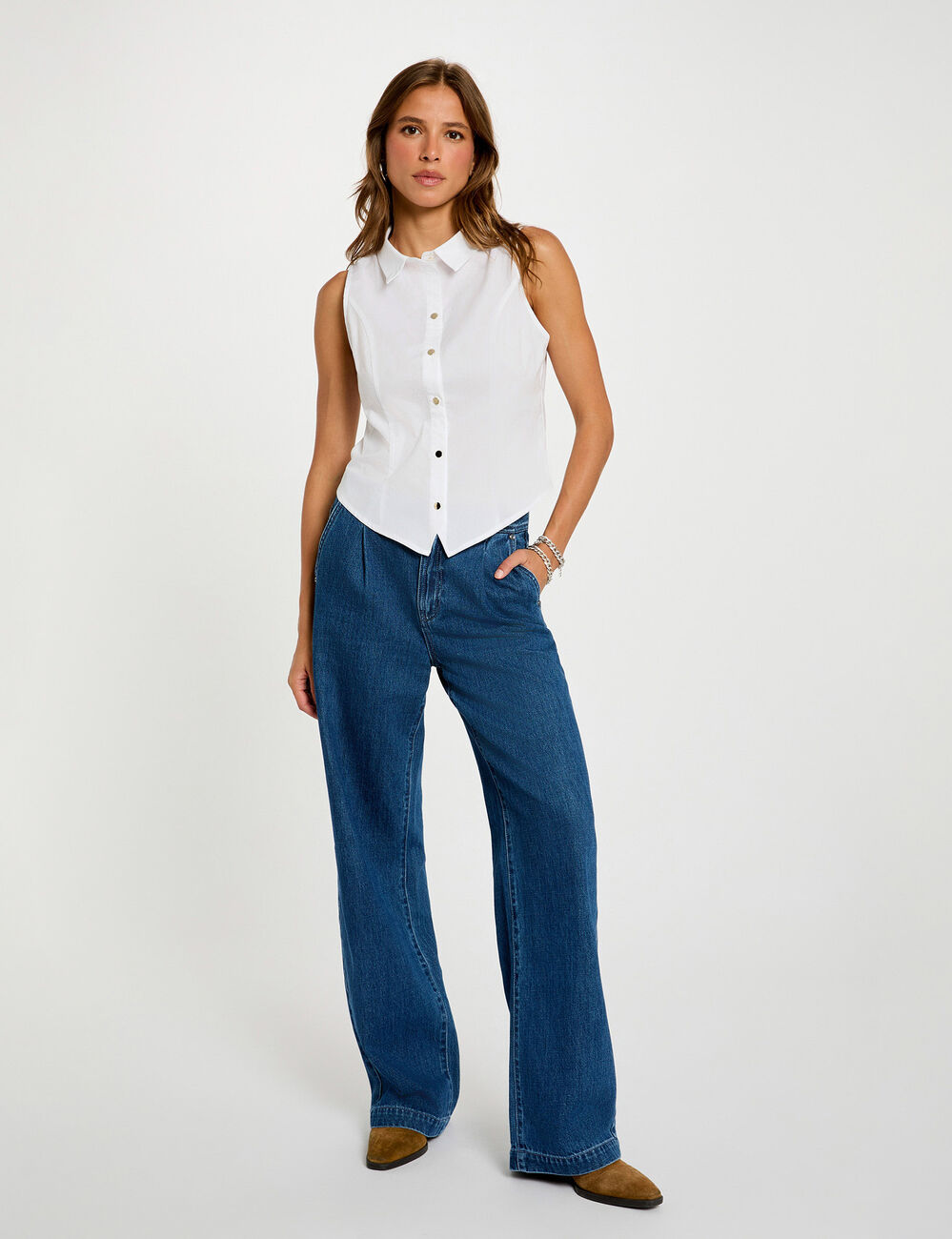 Chemise cintrée sans manches blanc femme