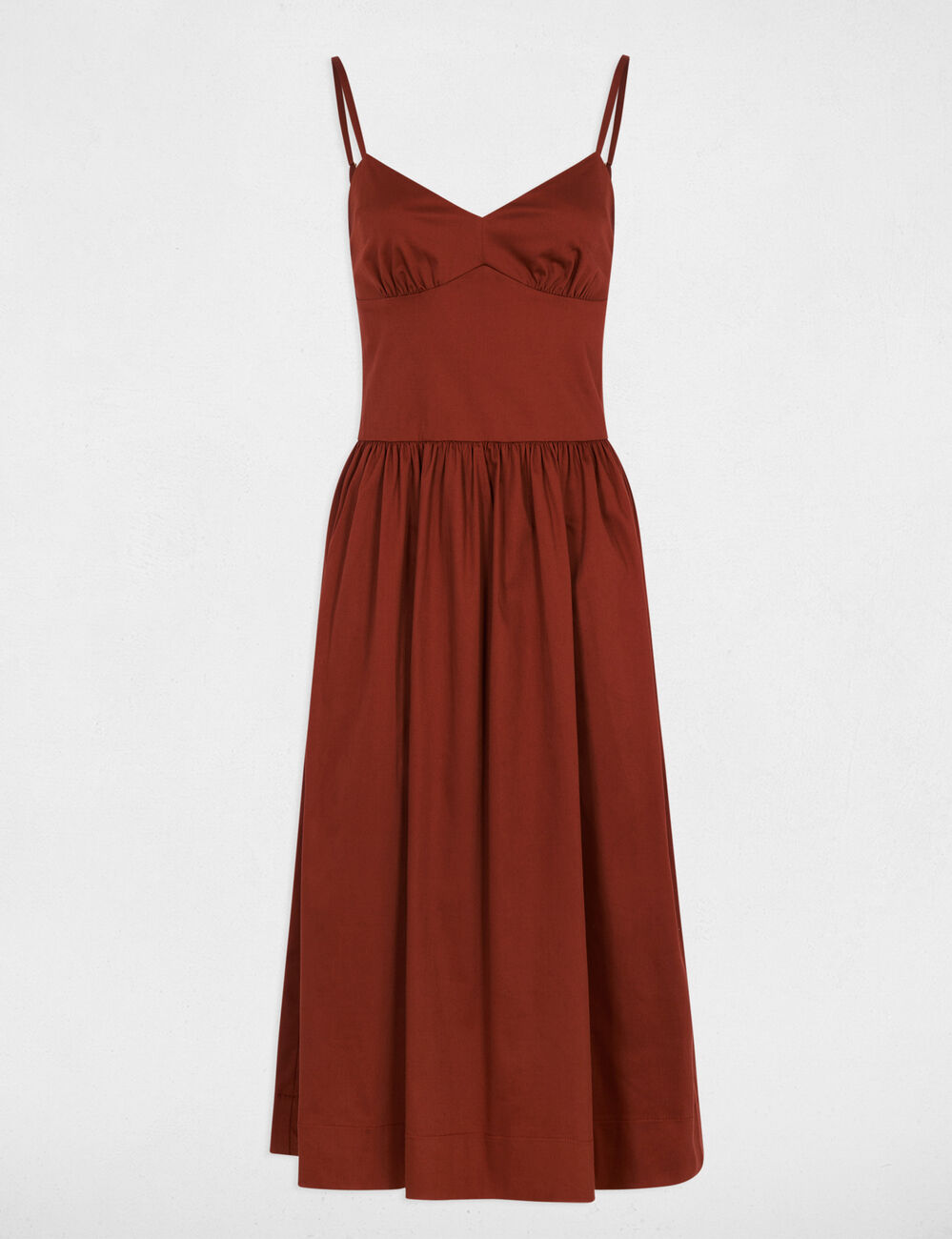 Robe d&eacute;collet&eacute; bretelles fines marron cognac femme