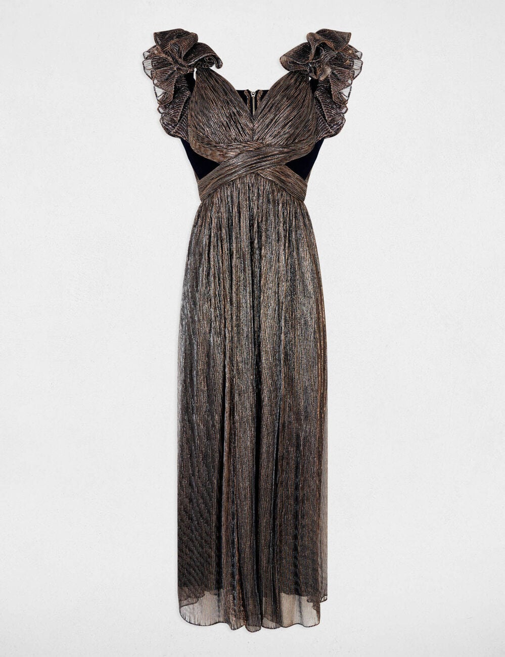 Robe longue col v couleur bronze femme