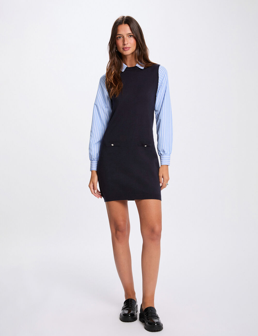 Gebreide korte jurk marineblauw vrouw