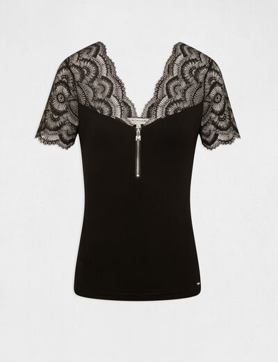 T-shirt manches courtes &agrave; dentelle noir femme
