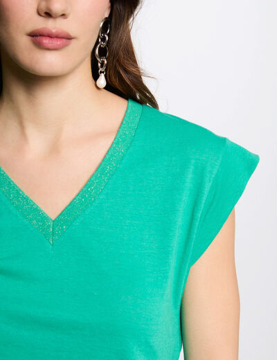 T-shirt manches courtes à col en V vert émeraude femme