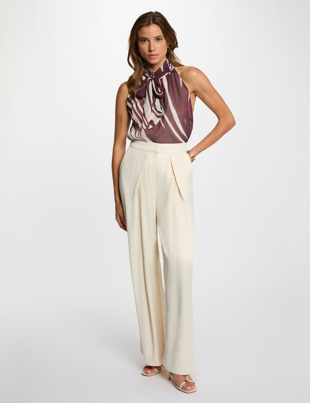 Pantalon fluide taille haute ivoire femme