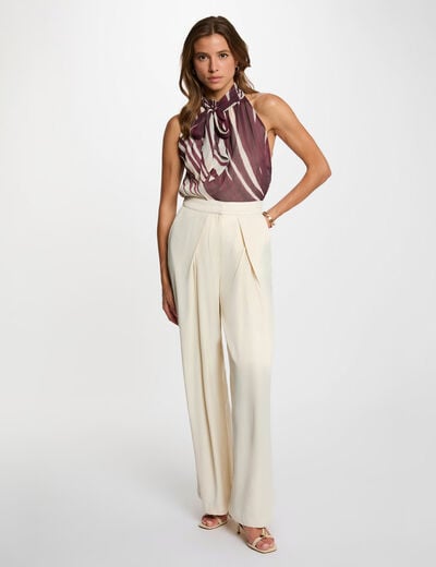 Pantalon fluide taille haute ivoire femme