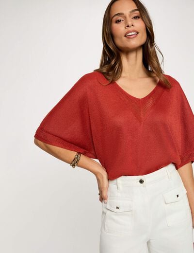 Pull col en V manches courtes orange fonc&eacute; femme