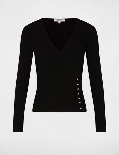 Pull manches longues col cache-coeur noir femme