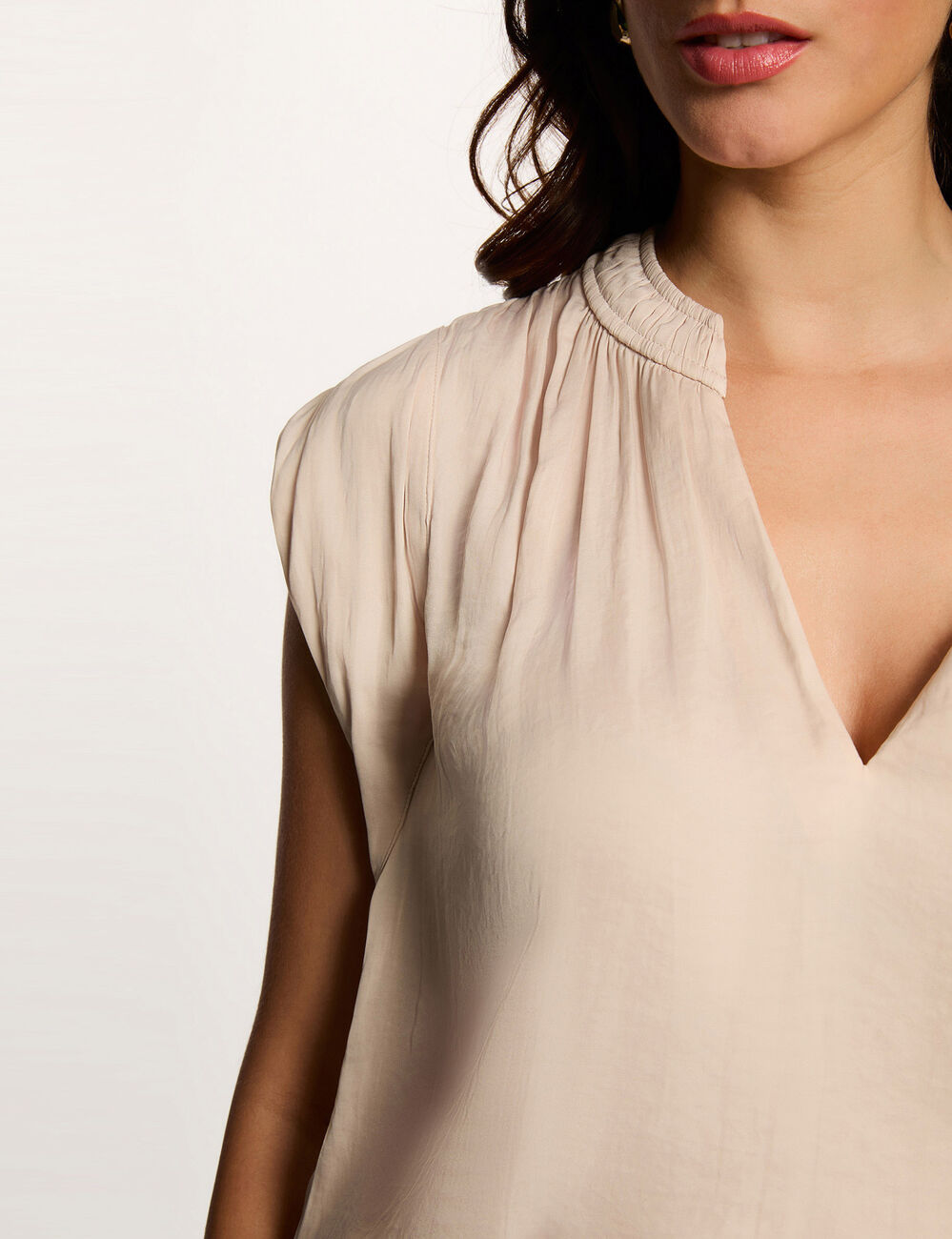 Blouse met korte mouwen licht beige vrouw