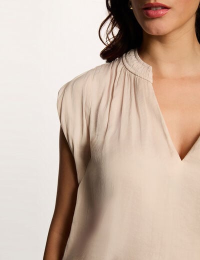 Blouse manches courtes satin beige clair femme