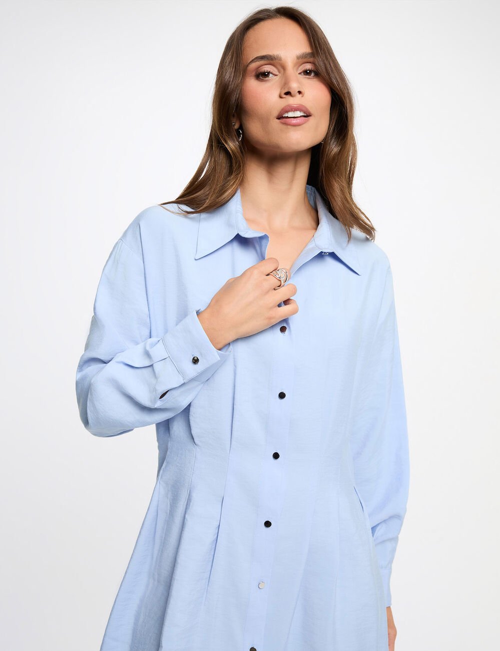 Robe chemise plis taille bleu ciel femme