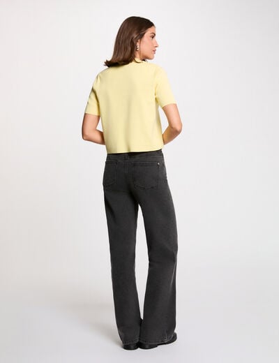 Gilet court col rond jaune pastel femme