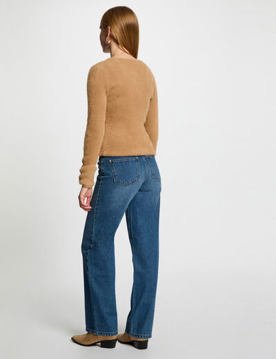 Pull manches longues maille duveteuse camel femme