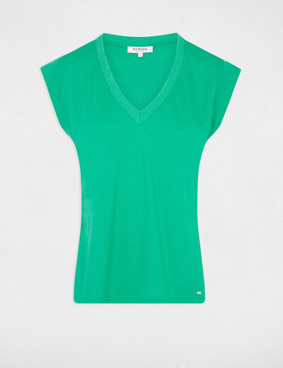 T-shirt manches courtes à col en V vert kaki femme