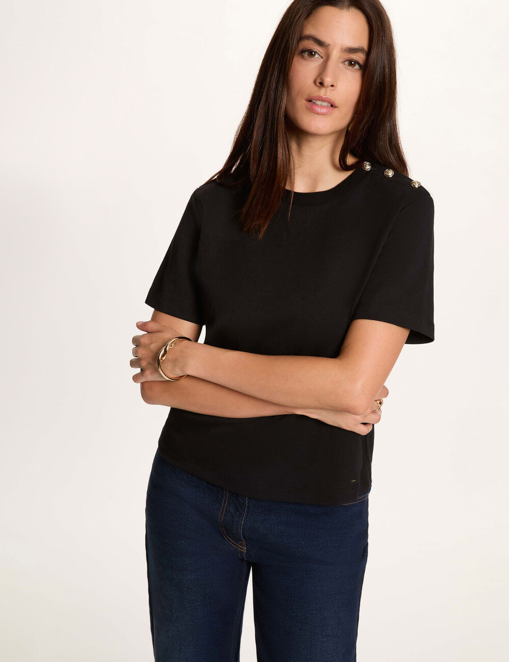 T-shirt ronde hals knopen zwart vrouw