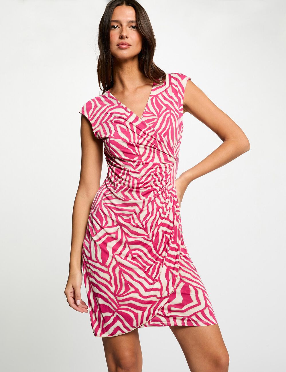 Robe courte col v multicolore femme