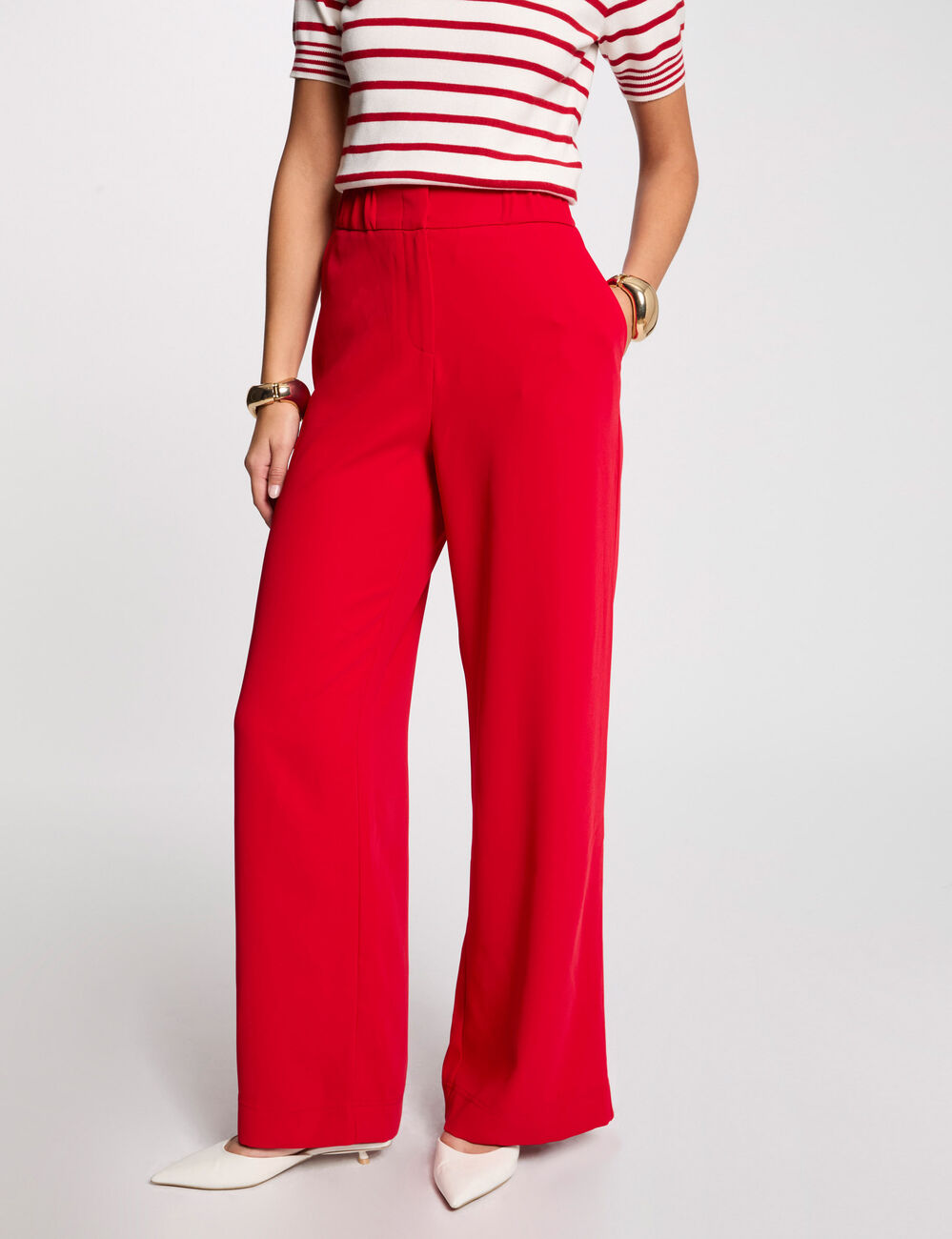 Pantalon large taille haute rouge femme