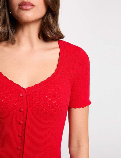 Pull ajusté col v rouge femme